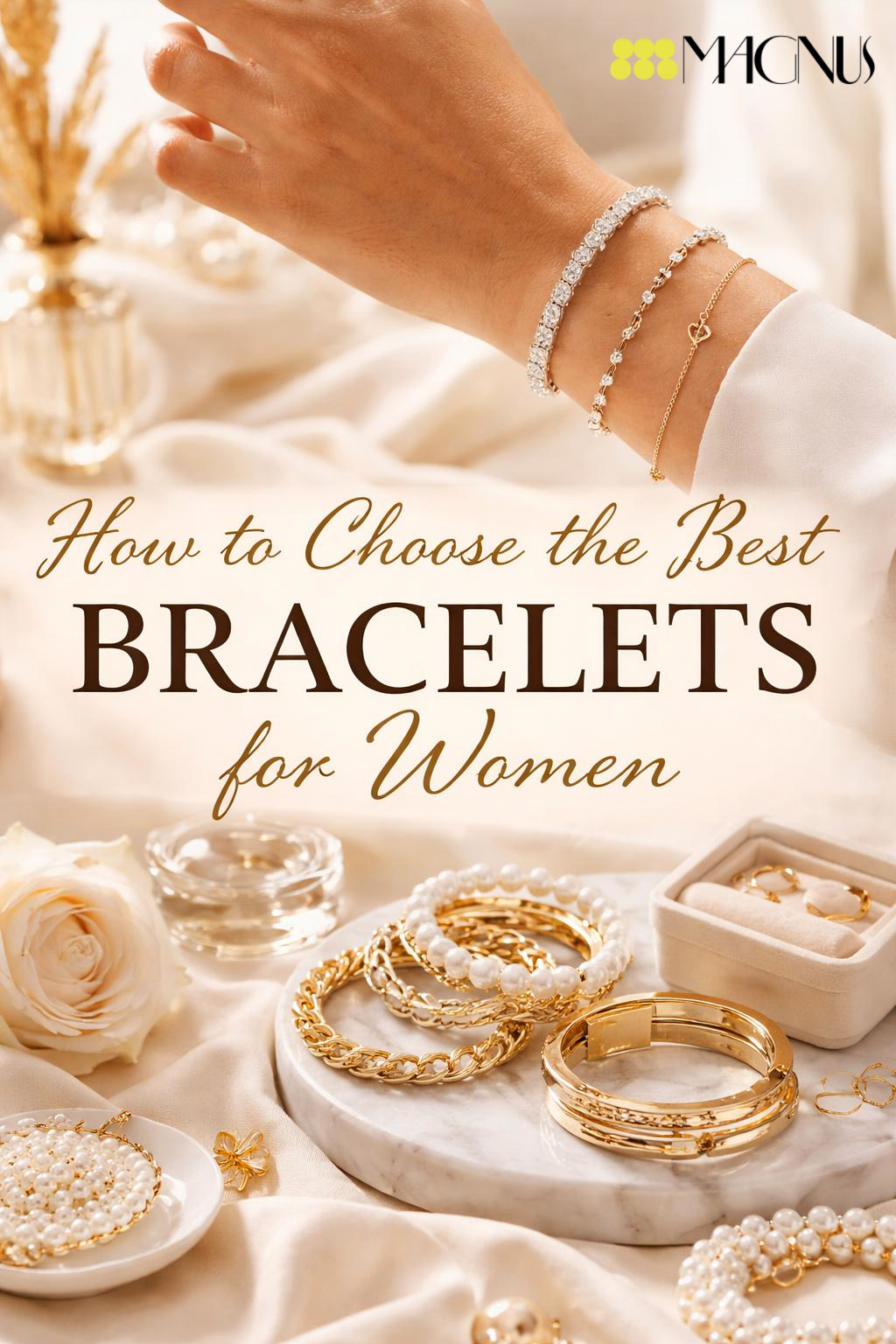 Elegant women's bracelet shopping guide with pearl and gold bracelets on a marble tray, featuring a close-up of a woman's wrist adorned with stylish bracelets.