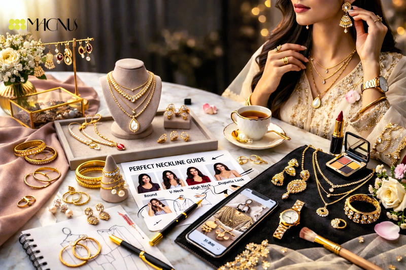 Flat lay of gold-tone fashion jewellery and layered necklaces on a marble table with a neckline guide, styled for Pakistani wedding and festive looks.