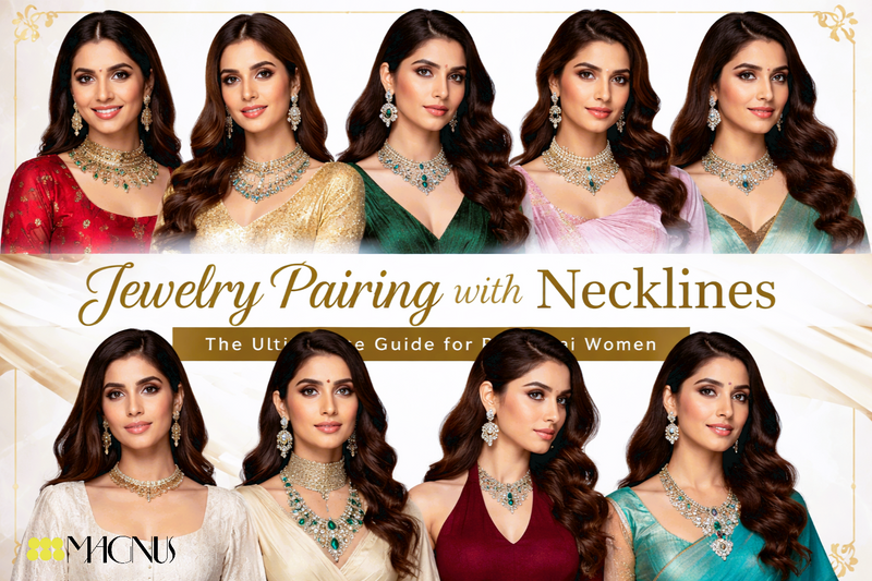 nine beautiful models standing wearing beautiful jewellery with different necklines