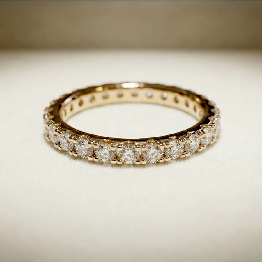 Close up look of Rose gold eternity ring for women with cubic zirconia stones for a bold statement.