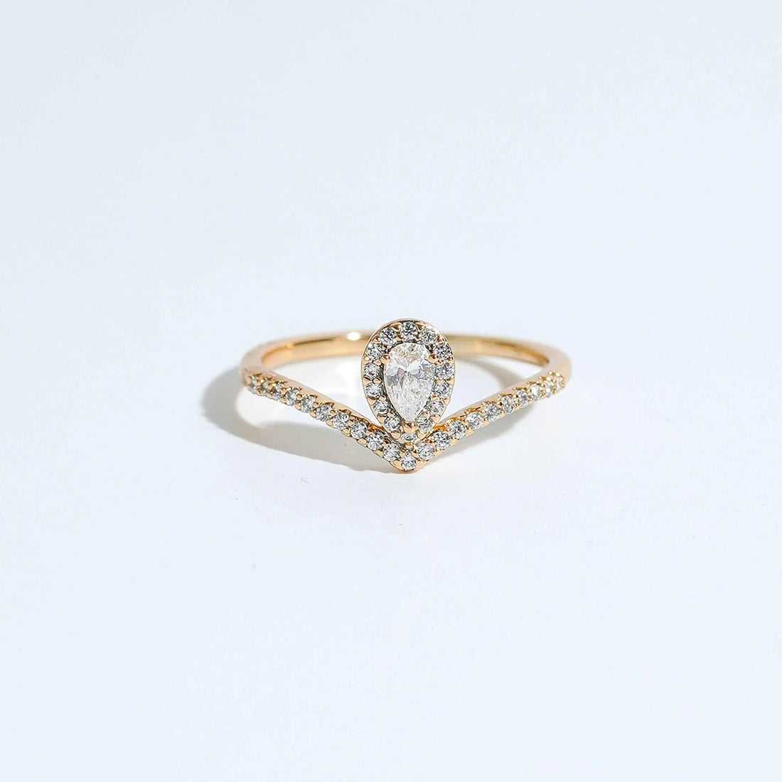 Prestige Pear Ring halo style engagement ring with pear centre stone and pavé V-band for women