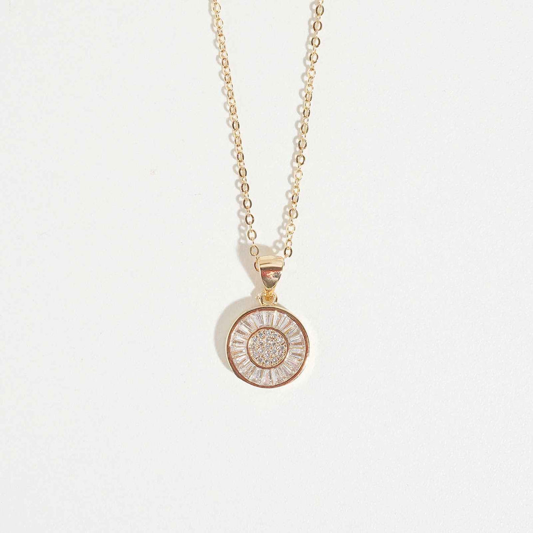 Celestial Sphere Necklace by Magnus, women’s pendant necklace with round halo-style clear stone design, gold-tone chain, zircon necklace style in Pakistan