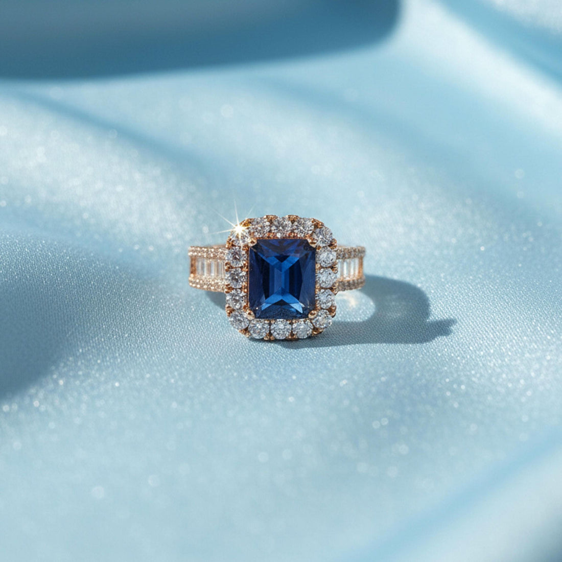 blue sapphire ring for women with blue stone, halo CZ setting, gold-tone band, stone rings for women, rings for women stone by Magnus